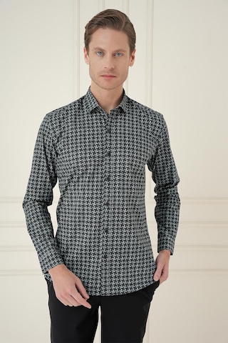 Efor Slim Fit Kazayağı Desenli %100 Pamuk Casual Gri Gömlek G 1585 Gri