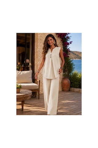 Unika Boutique Kadın Kısa Kollu Bürümcük Bluz Ve Pantolon Ikili Takım ekru