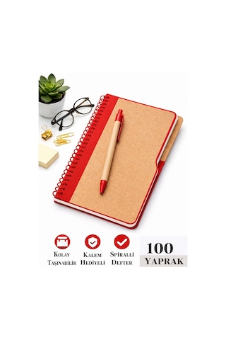 Kırmızı Sert Kapak Çizgili Defter 100 Yaprak 1 Adet Kalem Hediyeli Lastikli Defter Spiralli Günlük Kullanım Not Defteri