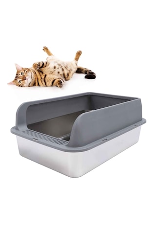 Techtic Yarı Kapalı Çelik Kedi Tuvaleti Yüksek Kenarlı Kürek Hediyeli Paslanmaz Metal Kedi Kum Kabı