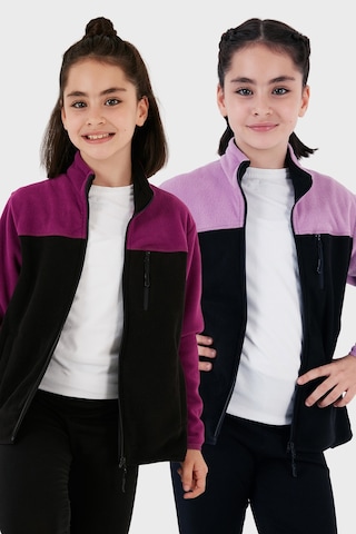 Lela Yumuşak Dokulu Fermuarlı Renk Bloklu Dik Yaka Cepli 2'Li Paket Hırka Çocuk Polar 5905001S2 Lila Siyah-Mor Siyah