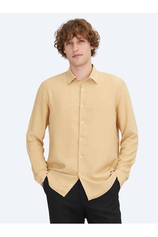 Kip Safran Çizgili Regular Fit Dokuma Casual Gömlek Safran