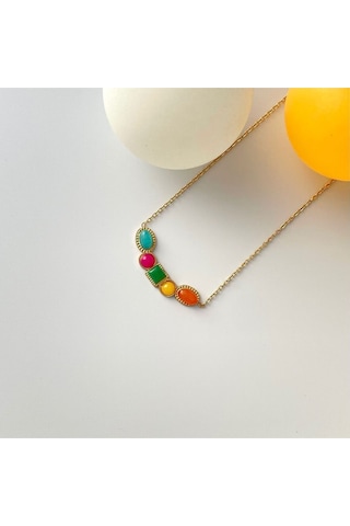 Vintage Renkli Taşlı Çelik Kolye Altın