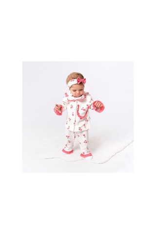 Bebegen Kız Çocuk Ekru Pembe Lale Desenli Fırfırlı Bandanalı Pijama Takımı Çok Renkli