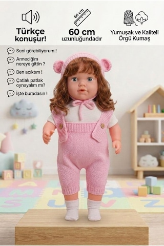 Konuşan Bebeğim 60 Cm Türkçe Konuşan Örgü Tulum Ve Şapkalı Kafası Bacakları Kolları Et Oyuncak Bebek 76145057