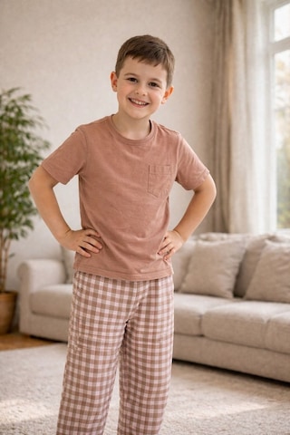 Rindahomewear Açık Kahverengi Kısa Kol Baba-oğul Cepli Pijama Takım Açık Kahverengi-80501
