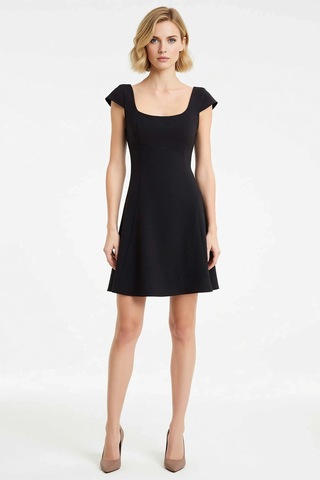 Benerly Kadın Mini Elbise Kare Yaka Kısa Kol Dokuma Kumaş Skater Kalıp Dü Siyah