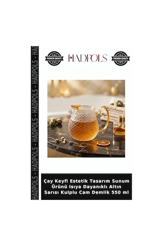 Çay Keyfi Estetik Tasarım Sunum Ürünü Isıya Dayanıklı Altın Sarısı Kulplu Cam Demlik 550 Ml
