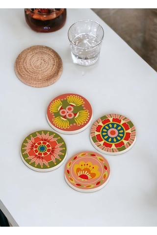 The Mia Fiore Taş Bardak Altlığı Yuvarlak 4lü Set
