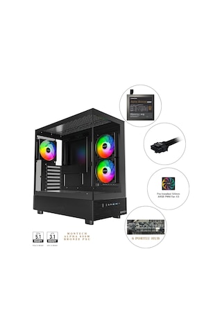 Montech Xr Cam Panel Oyuncu Kasası Siyah Renk + Alpha 80+ Bronze 850w Atx 3.1 Gen5.1 Psu + 6 Port Fa