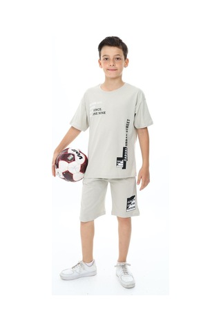 Erkek Çocuk Yazı Baskılı Kısa Kollu Şortlu Takım-5850-Gri