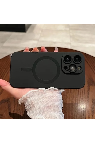 Fochsia iPhone Uyumlu 16 Pro Max Manyetik Mat Lüks Metalik Soft Işık Kamera Koruma Kılıf Siyah