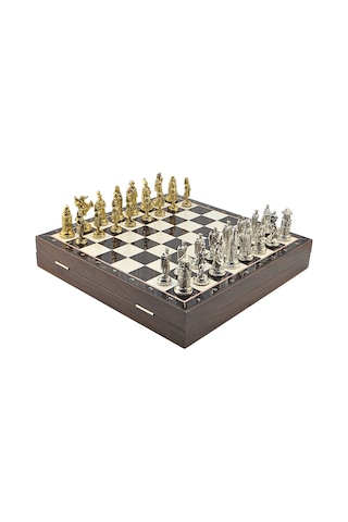 Gifthome Büyük Boy Metal Osmanlı-bizans Satranç Tk. Parlak Ve Ceviz Desenli Sandıklı Mdf Tahtası 36x36 Cm.