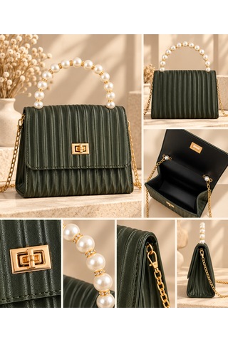 Elpida Bags Haki Incili Omuz Çantası - Kartlık, Cep Aynası, Saç Tokası & Kişiye Özel Charm Hediye Seti