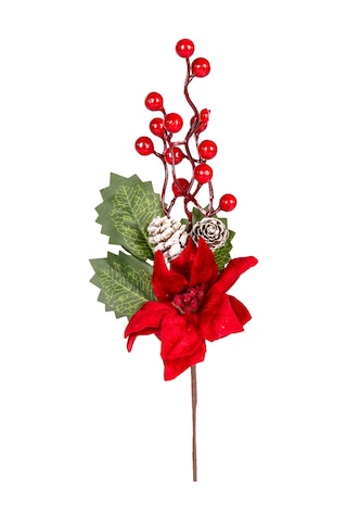 Yılbaşı Çiçeği Pike Berry Puansetyalı Karlı Kozalaklı Kırmızı-yeşil 30 Cm.