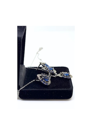 Oya Silver Lacivert Işıltılı Gümüş Damla Markazit Set&takım