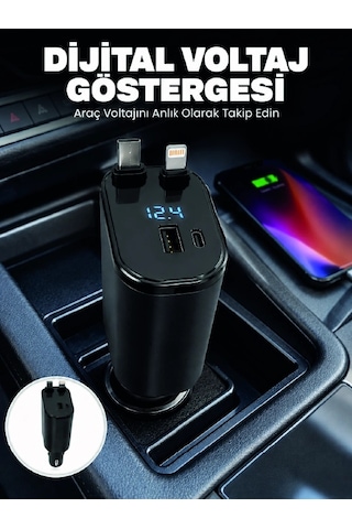 4 Cihazı Aynı Anda Şarj Eden Araç Şarj Cihazı Usb-a, Usb-c, Type-c Ve Lightning Destekli