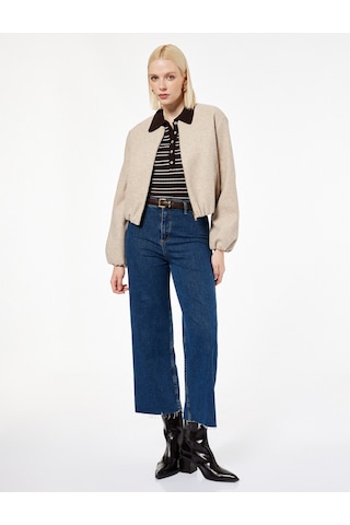 Koton Fermuarlı Bisiklet Yaka Uzun Kollu Crop Kaşe Kolej Bomber Ceket Vizon 6wak20207ew VIZON