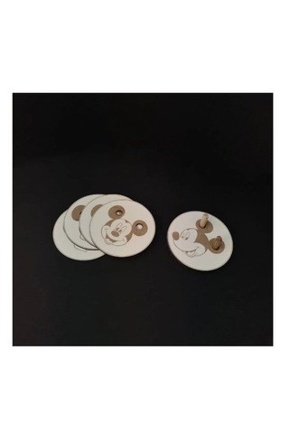 Ahşap Bardak Altlığı Miki Mouse Dekoratif Silinebilir 6'lı Set Beyaz