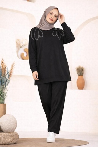 Hira Life Fashion Kadın Omzu Taşlı Ve Manşet Kol Tunik-pantolon İkili Takım Siyah Siyah