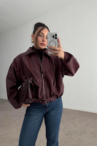 Pop Story Kadın Oversize Bomber Premium Deri Ceket Kemerli Bordo Bordo