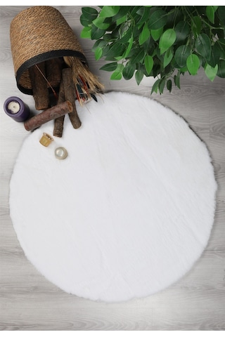 Dekoratif Tavşan Tüyü Ultra Yumuşak Peluş Yuvarlak Halı Beyaz