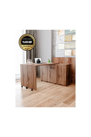 Flor Çalışma Masası Dolaplı Açılır Katlanır Masa Mdf Kahverengi
