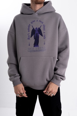 Unisex Mor Melek Baskı Kapşonlu Sweatshirt Gri