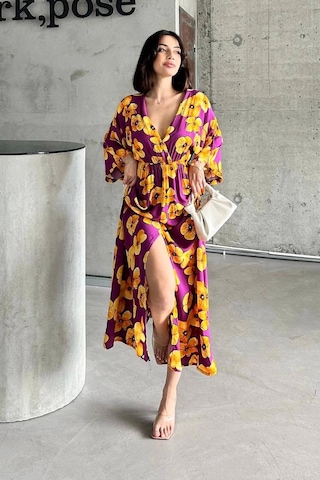 Çiçek Baskılı Elbise Sarı