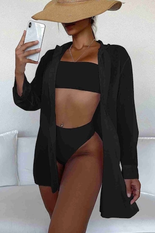 Angelsin Şifon Gömlek Plaj Elbisesi Pareo Kimono Kaftan Siyah 001