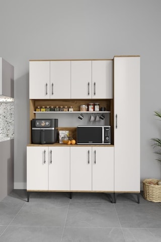 Plain Metal Ayak Metal Kulp Pla9155 Kahve Köşesi 9 Kapaklı Çok Amaçlı Dolap Erzak Dolabı Kiler Dolabı Saklama Dolabı Ekru Ceviz