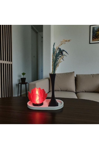 Beyaz Stantlı Şeffaf Kırmızı Lotus Çiçeği ,mumluk, Siyah Vazo
