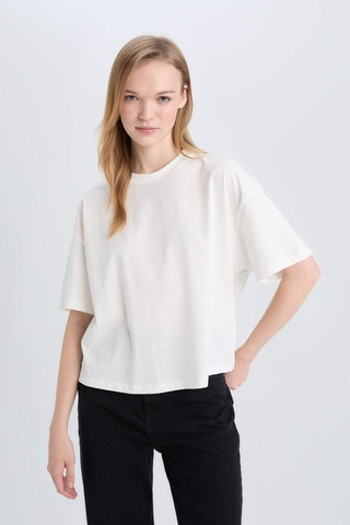 DeFacto Coool Loose Fit Bisiklet Yaka Basic Düz Kalın Kumaş Kısa Kollu Beyaz Tişört E0291AX25SMWT32
