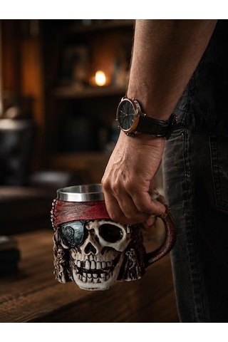 Korsan Kuru Kafa Kupa Bardak 400 Ml Paslanmaz Çelik İç Hazneli Dekoratif Skull Mug Kahve Çay Kupası