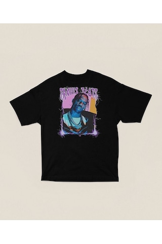 Şarkıcı Travis Scott Baskılı Unisex Oversize Rapper Tişört Siyah