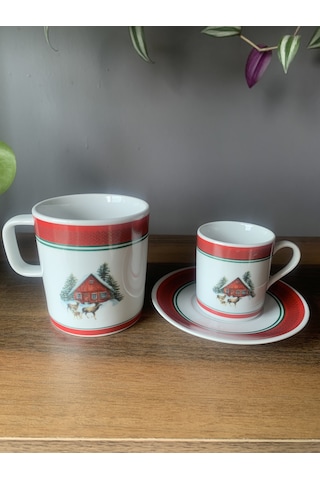Yeni Yıl-noel Geyikli Ev Model 6 Parça 2 Kişilik Kupa Ve Türk Kahvesi Fincanı Takımı Çok Renkli