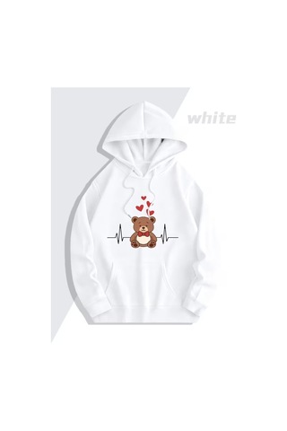 Nevermind Sevgili Çift Kombini Ayıcık Kalpli Hoodie Kapüşonlu Sweatshirt 2l Beyaz