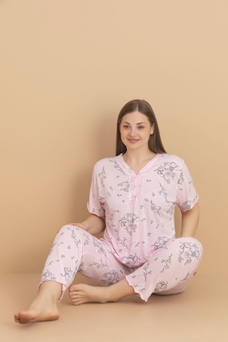 Pijamerry Kadın Büyük Beden Dantel Yaka Bambu Kısa Kol İnce Pijama Takımı 5989 - 1 Adet Pembe