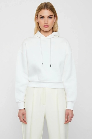 Benerly Kadın Kapüşonlu Düşük Kol Uzun Kollu Basic Örme Crop Sweatshirt F Ekru