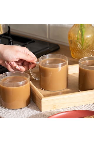 Porsima Pbt-589 Borosilikat Isıya Ateşe Dayanıklı Cam Kulplu 3 Lü Çay Bardağı Kahve Bardak Seti Kupa Şeffaf 350ml Şeffaf