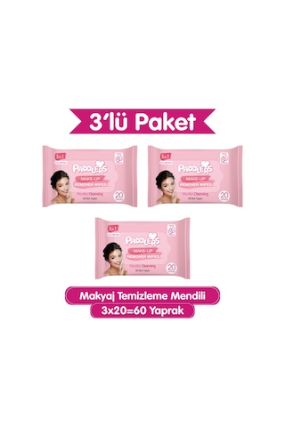 Paddlers 3'ü 1 Arada Makyaj Temizleme Mendili 3 x 20'li