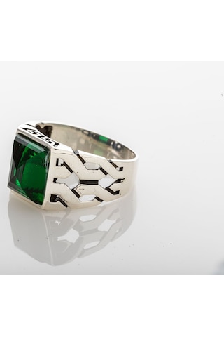 Gümüş Yeşil Baget Kesim Zirkon Taşlı Kare Model Erkek Yüzük