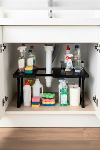 İndecor Houseware Plastik Genişletilebilir Raf Ayarlanabilir Düzenleyici Mutfak Banyo Düzenleyici - Tek Katlı - Siyah
