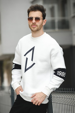 Estd Üç İplik Şardonlu Kol Nakışlı Önü Baskılı Bisiklet Yaka Erkek Sweatshirt 001