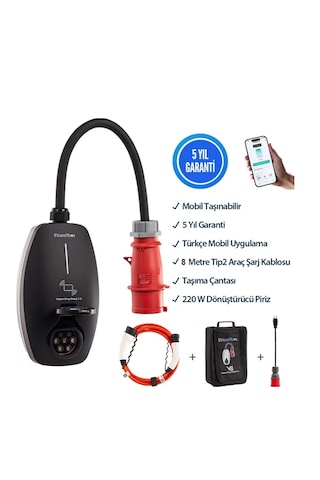 22kw V3 Türkçe Mobil Uygulama 5 Yıl Garanti, 8 Metre Tip2 Araç Şarj Kablosu, Taşıma Çantası Ve 220v Dönüştürücü Adaptör Dahil 22 Kw