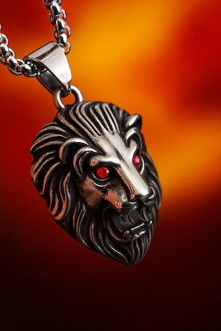 Kırmızı Zirkon Göz Detaylı, Güç Ve Cesaret Sembolü Erkek Aslan Başlı Çelik Kolye /kral Aslan Kolye Metalik Gri