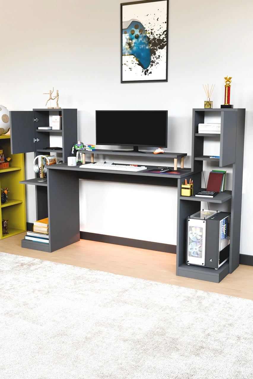 Throne Dolaplı, Kitaplıklı, Raflı Çalışma Masası, Bilgisayar Masası, Çocuk Çalışma Masası Antrasit Gri Antrasit