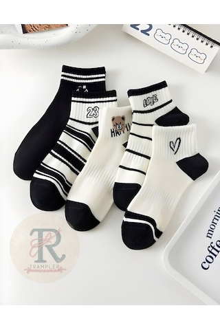 Trampler Karikatür Çizgili Harf Baskılı Kalp Desenli Kısa Kadın Patik Çorap 5 Çift Siyah - Beyaz
