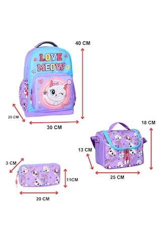 İlkokul Kedi Baskılı Lila, 3 Lü Kız Çocuk Beslenmeli Ve Kalemlikl