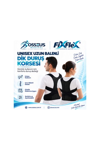 Unisex Uzun Balenli Dik Durus Korsesi - Kamburluk Önleyici Sırt Korsesi Standart